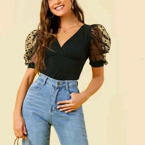 Zoey Black Mesh Puff Sleeve Top main image 1